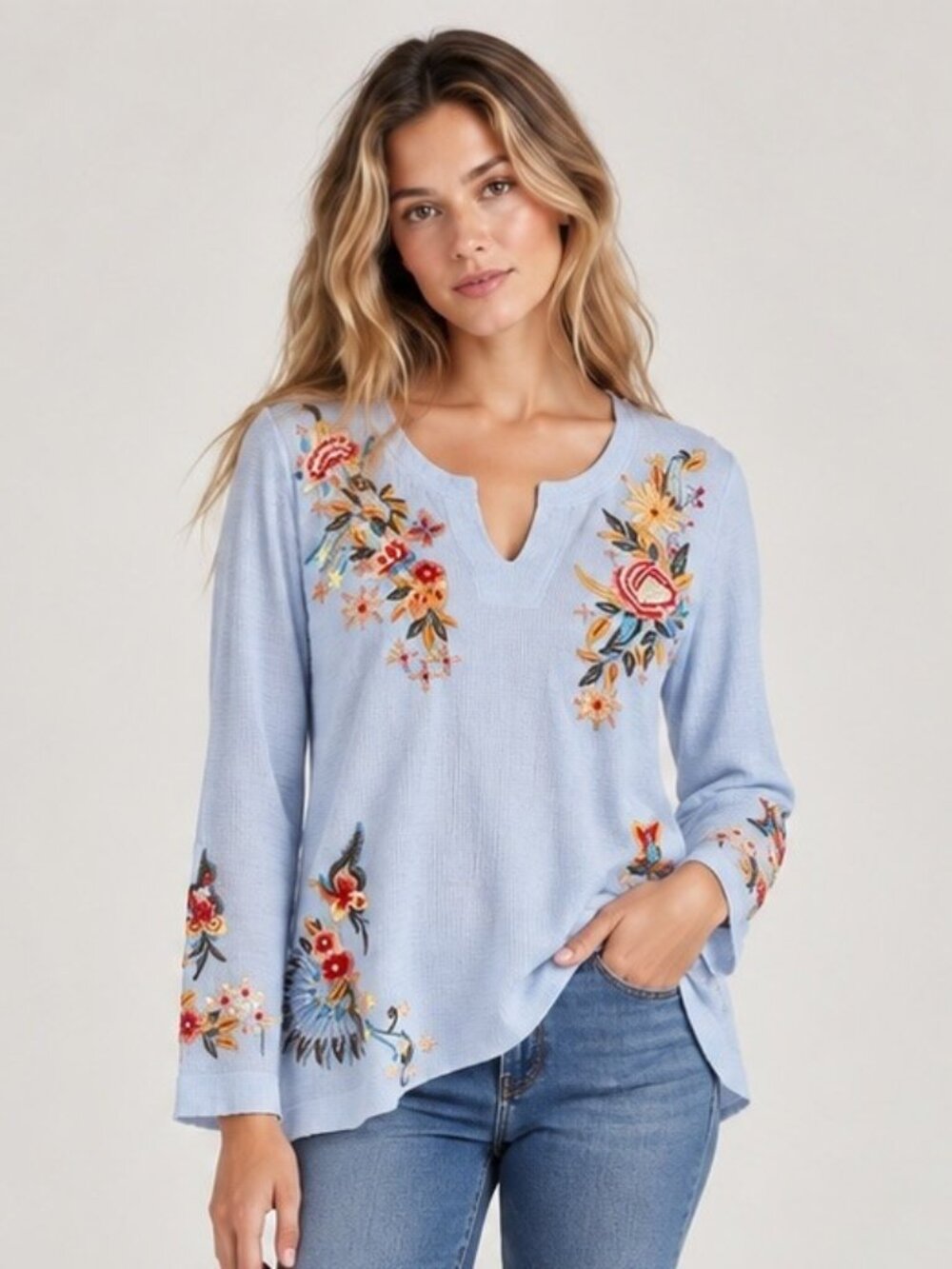 NWT Caite Greer Top Embroidered Floral Split Neck Knit Oxford Blue S Small Kyla